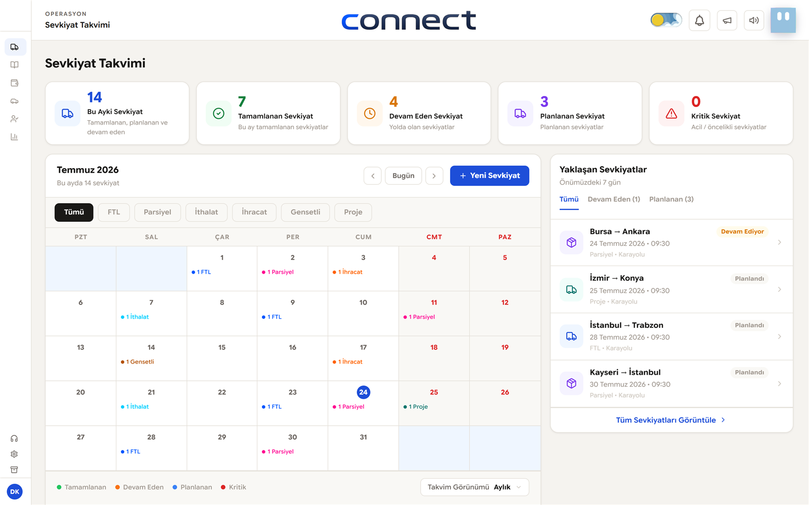 Connect sevkiyat takvimi ekranı